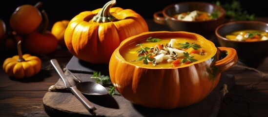 Aufkleber - Pumpkin soup presented in hollowed out pumpkins copy space image