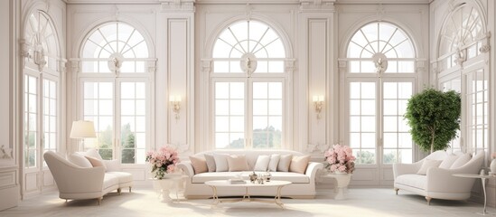 Canvas Print - Luxurious light interior design in a mansion with stucco walls high windows and square columns copy space image