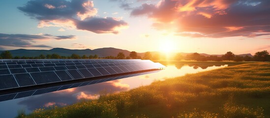 Wall Mural - Solar panels in fields provide green energy and innovate the electrical landscape of the natural environment at sunset copy space image