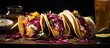 Tacos with fish mango salsa red cabbage salmon beer and hot honey copy space image