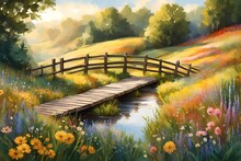 Craft An Image Of A Tranquil, Idyllic Countryside With Rolling Hills, A Quaint Wooden Bridge Over A Small Stream, And A Vibrant Field Of Wildflowers.