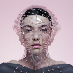 Wall Mural -  Close-up portrait of a girl. Transparent plastic mask over the head. Pastel pink background