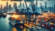 Dynamic Harbor Activity: Unloading Containers with Urban Backdrop