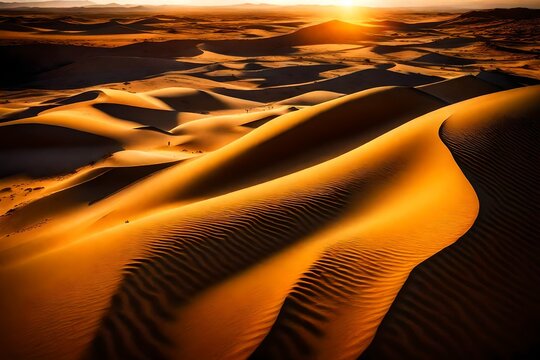 A breathtaking sunset over a vast desert, with dunes casting long, dramatic shadows across the golden sands.