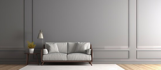 Poster - Relaxation room long cozy grey with sofa armchair and table copy space image