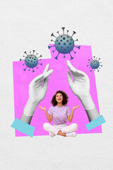 Wall Mural - Vertical collage image of black white effect latex gloves arms protect mini positive girl virus bacteria isolated on paper background