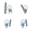 Collection of a happy stickman holding pencil sign. Cartoon style icons for a business presentation. Vector illustration