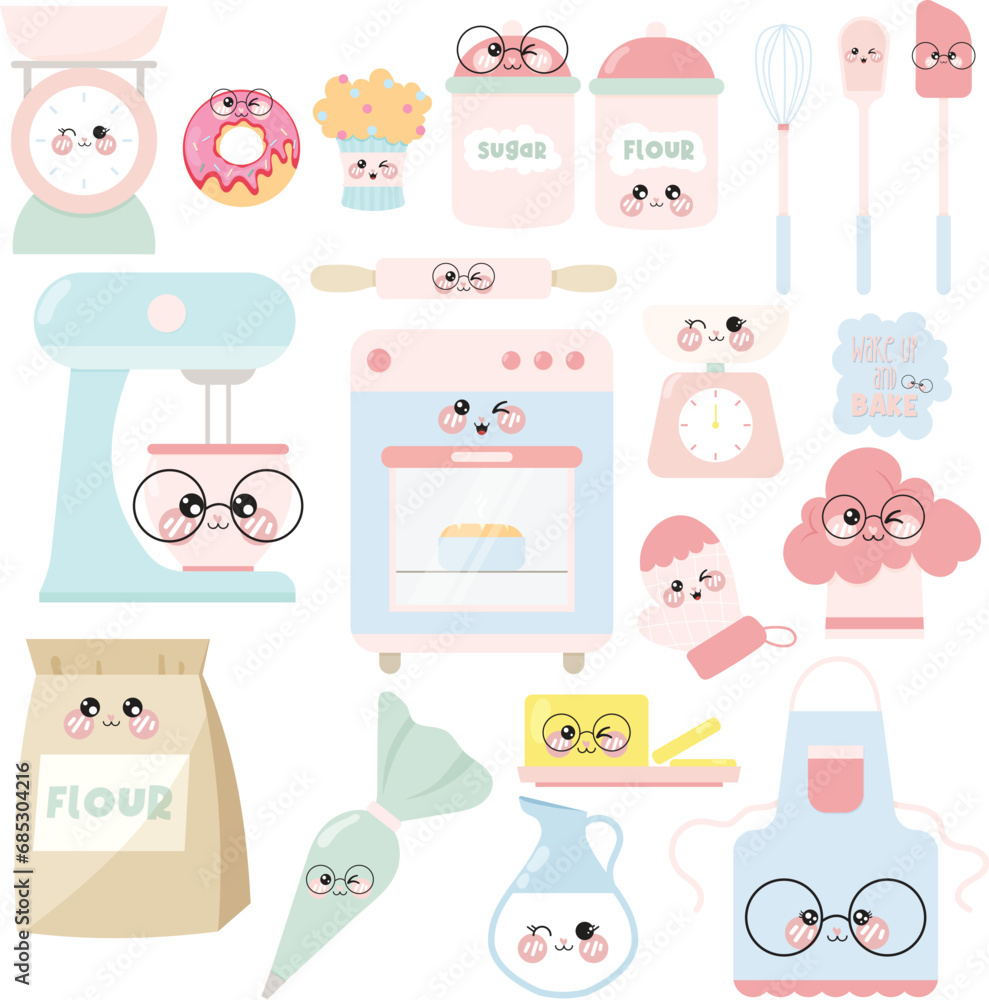 Vector set of cute baking and bakery clipart with kawaii emoji emoticon ...