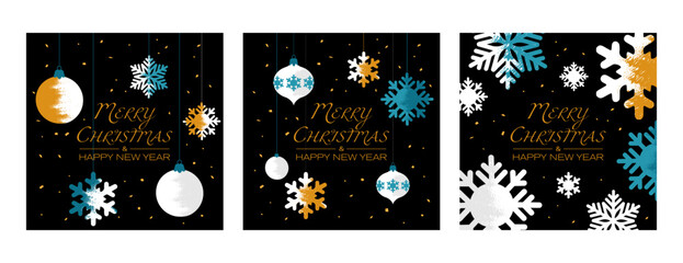 Wall Mural - Decorative snowflake, toy and pine on a black background. Merry Christmas and Happy New Year greeting cards. Set of 3 vector illustration.	