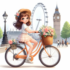 Cute anime girl on bicycle with flowers in the city of London. AI generated