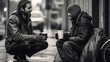 Black and white photo of passerby giving hot coffee to sad homeless man with old and messy clothes