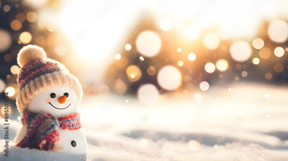 Little cute snowman in a hat and scarf on snow and winter snow forest ...