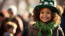 Celebrating St. Patrick's Day With A Cute Child Dressed In Traditional Green Irish Clothes, Attending Parades And Enjoying Irish Culture