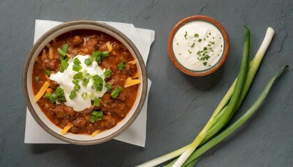 Wall Mural - top down photo of beef chili stew in bowl on isolated background with cheese and scallions and sour cream