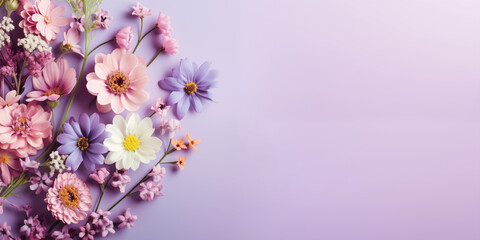 Wall Mural - Beautiful flowers on lilac background. Banner with place for text.