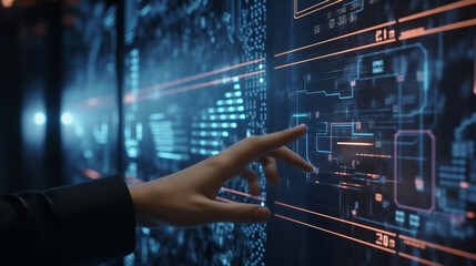AI Artificial Intelligence, Data Science, cybersecurity technology concept. hand touching on AI machine learning on virtual screen with big data, computer code