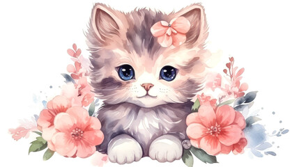 Wall Mural - Cute kitten with flowers. Watercolor illustration on white background.