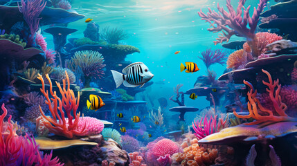 Sticker - Underwater world with corals and tropical fish. Underwater world