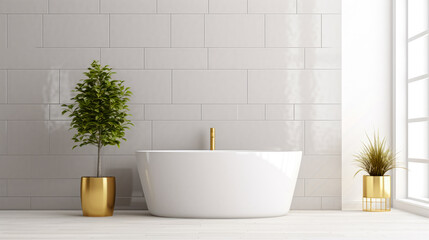 Canvas Print - bathroom with white bathtub and plant.