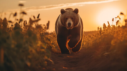 Wall Mural - a bear walking in a field during sunset