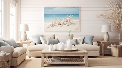 Wall Mural - A coastal-themed living room with seashell and driftwood wall art, evoking a tranquil beach vibe.