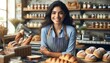 Hispanic female owning a cozy bakery, smiling warmly as she arranges freshly baked goods. This scene captures the essence of local business