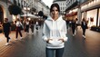Image of a woman with a confident pose in an urban setting, wearing a sleek white hoodie. She is positioned in a lively downtown area with people walk