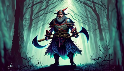 Poster - illustrated dwarf in a fairytale forest suitable as a background print for a book or magazine