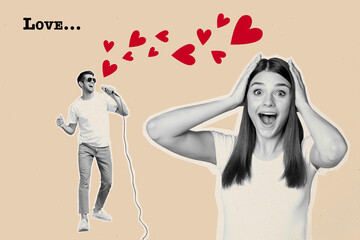 Wall Mural - Artwork collage picture of impressed black white colors girl mini funky guy sing microphone love hearts isolated on beige background