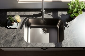 Canvas Print - A modern kitchen sink with a stainless steel faucet and a plant, set on dark grey marble countertops. Bright sunlight illuminates the scene. Generative AI.