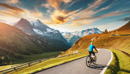 Wall Mural - amazing nature scenery at sunset mountain biking man on track grossglockner high alpine road austria travel lifestyle adventure concept outdoor wilderness vacations active recreation concept