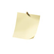 Nota de papel amarelo vazia fixado na parede por um pin de madeira em fundo branco e transparente.