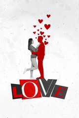 Sticker - Vertical collage picture of black white effect girl cuddle painted red boyfriend love hearts isolated on paper background