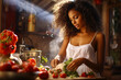 © Evgeniya Uvarova - Charming latin american woman with curly hair in a white dress is cooking in the kitchen in the sunlight.
