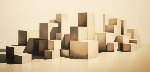 Wall Mural - Cubes overlapping and casting shadows, creating a play of depth and dimension on a muted beige background.
