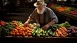 A high-resolution photograph of a diabetic patient at a farmer's market, selecting fresh produce for their balanced diet.