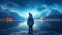 A Girl Walks On Frozen Ice Lake Looking Into The Distance At Night