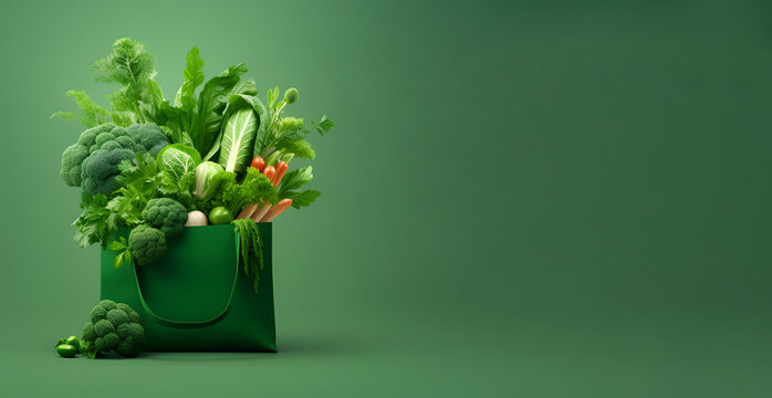 Shopping bag with fresh vegetables and greens on a green background