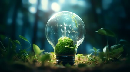 Poster - Glowing light bulb with green plant inside. Ecology concept. 3D Rendering