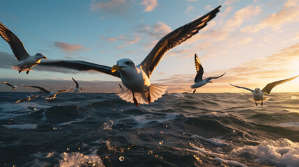 a group of birds flying over the ocean