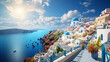 Beautiful iconic landscape of Greece cost with white  houses on mountain and blue sea water at sunny summer day
