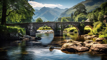 Old Medieval Stone Bridge And Highlands River, English Rural Landscape  