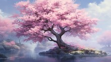 Sakura Tree In Full Bloom With Delicate Pink Petals Falling Softly Against A Serene Pond Backdrop.
