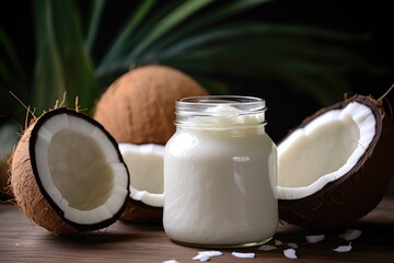 Wall Mural - Embrace the wholesome goodness of coconut-infused products with a photo featuring a mockup of a jar filled with velvety coconut cream, promising a taste of pure tropical nourishment