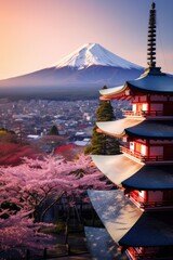 Wall Mural - Illustration japan temple or Chureito pagoda and fuji mountains in the backround. Generative ai