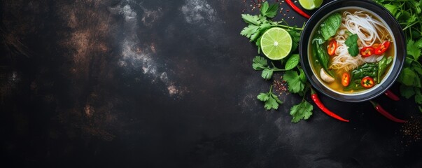 Vietnamese and Asian cuisine. Pho Bo traditional Soup with beef on dark backround. Close up. Generative ai