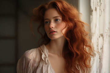 Wall Mural - Portrait of sensual young red haired woman with long ginger curly hair at the window.