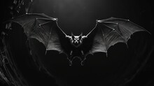  A Black And White Photo Of A Bat Flying In The Air With It's Wings Spread Wide Open In Front Of A Dark Background.
