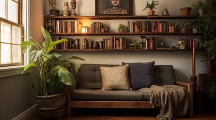 Wall Mural - A tranquil reading nook with a vintage Krishna bookshelf filled with devotional literature.