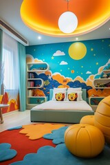 Wall Mural - A vibrant children's room with a playful false ceiling, sparking imagination and joy.